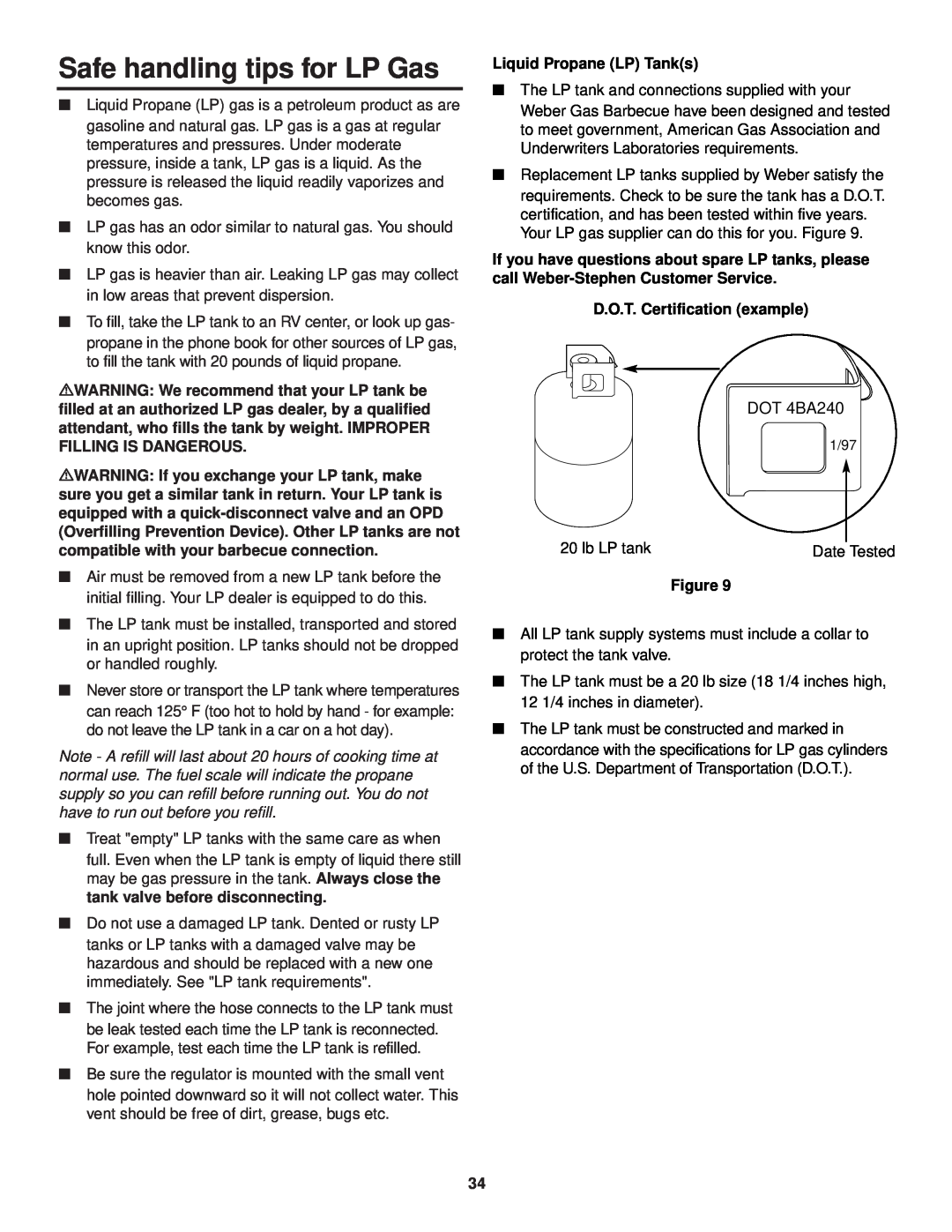 Weber 3400 Series Safe handling tips for LP Gas, DOT 4BA240, Liquid Propane LP Tanks, D.O.T. Certification example 