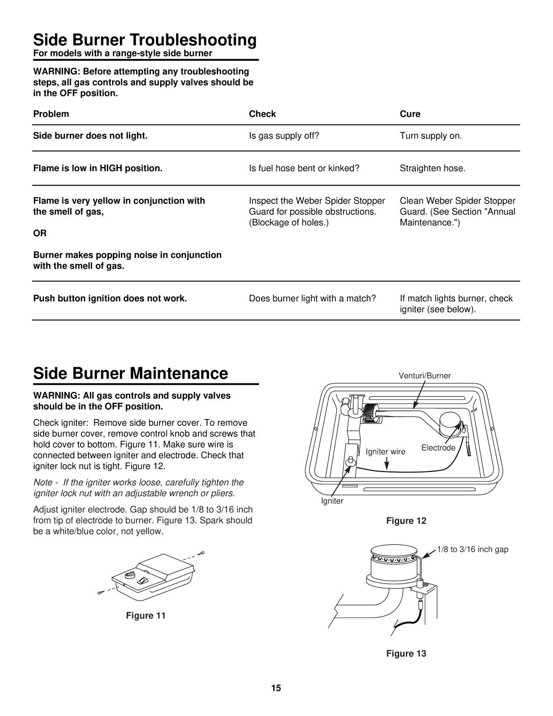 Weber 3400 warranty Side Burner Troubleshooting, Side Burner Maintenance 