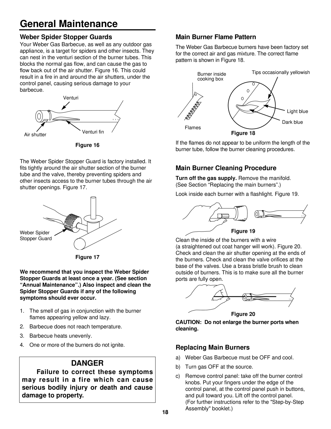 Weber 3400 General Maintenance, Weber Spider Stopper Guards, Main Burner Flame Pattern, Main Burner Cleaning Procedure 