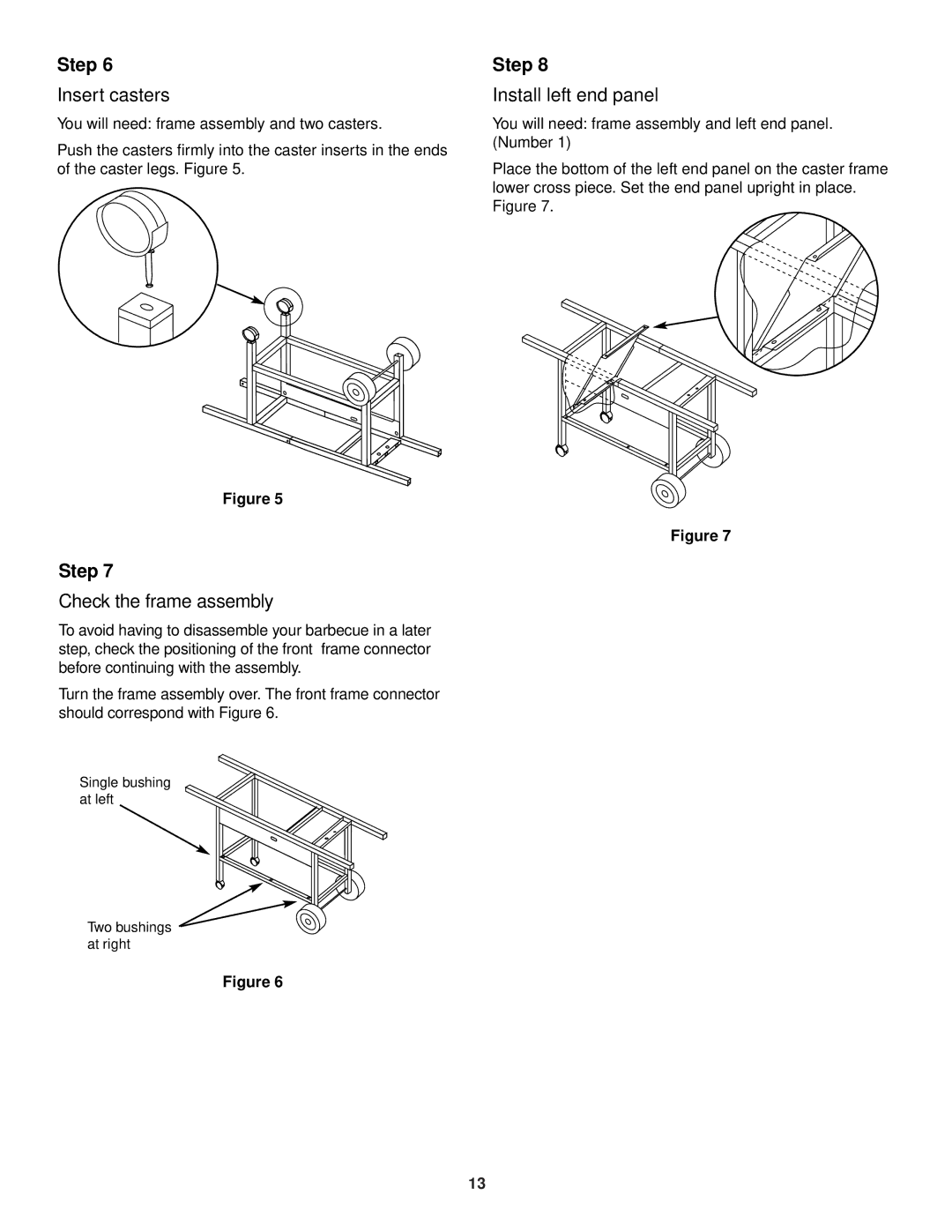 Weber 3400 owner manual Insert casters, Check the frame assembly, Install left end panel 