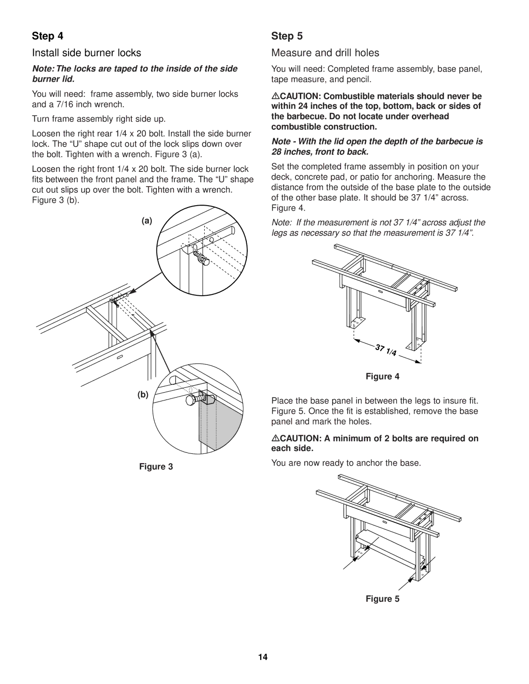 Weber 3500 LX Install side burner locks, Measure and drill holes, MCAUTION a minimum of 2 bolts are required on each side 