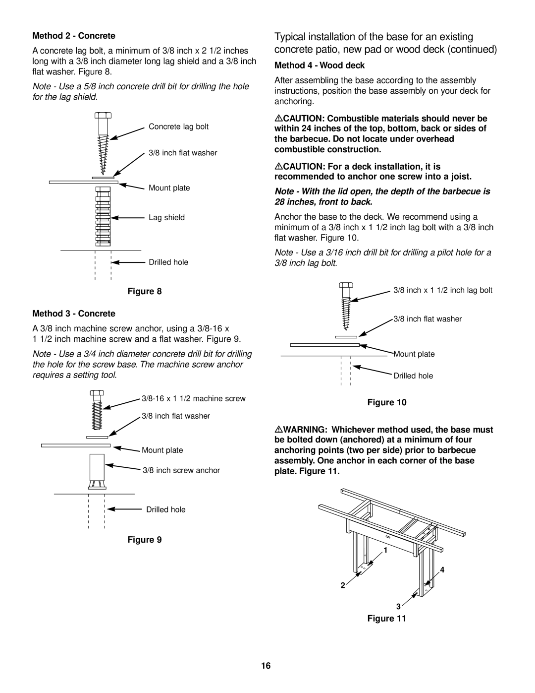 Weber 3500 LX owner manual Method 2 Concrete, Method 3 Concrete, Method 4 Wood deck 