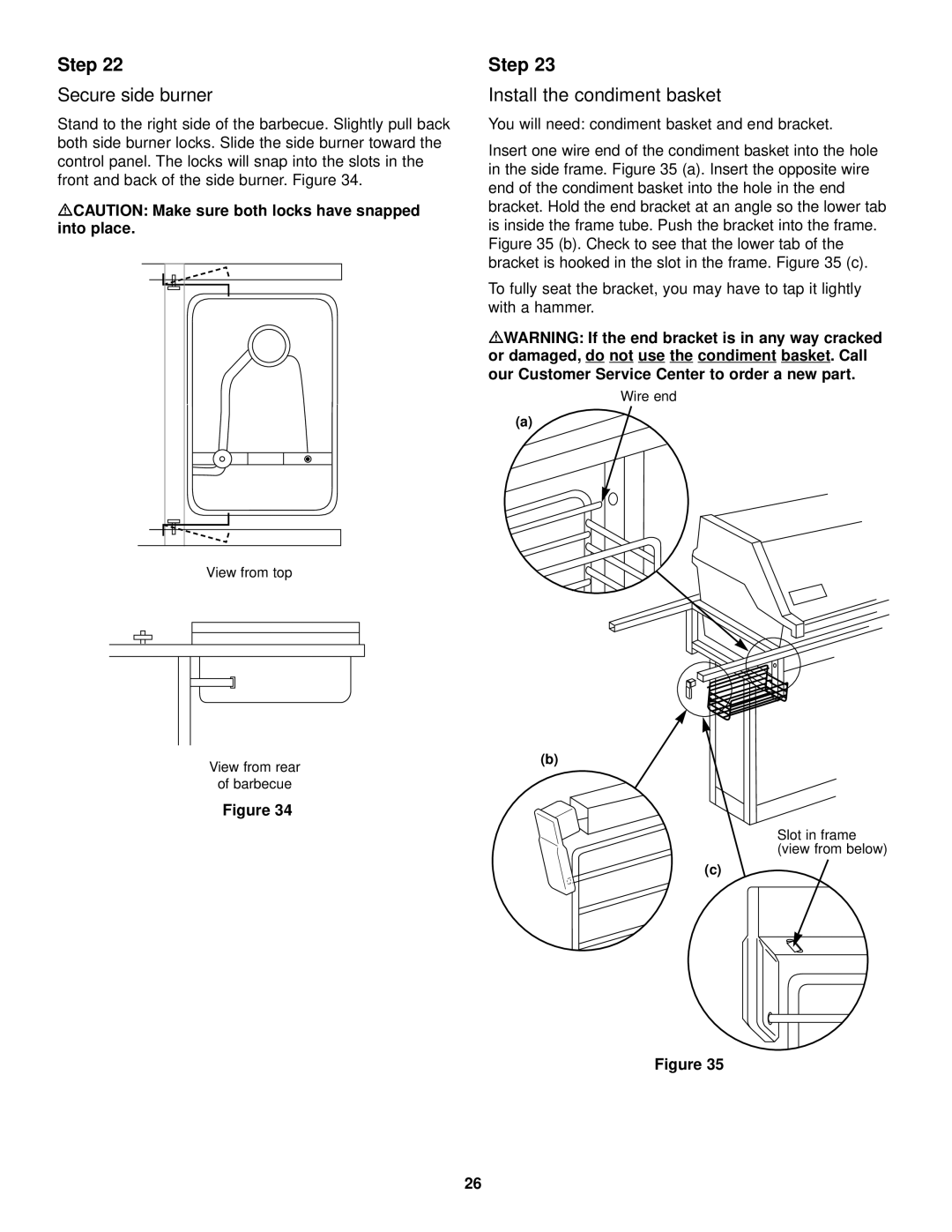 Weber 3500 LX Secure side burner, Install the condiment basket, MCAUTION Make sure both locks have snapped into place 