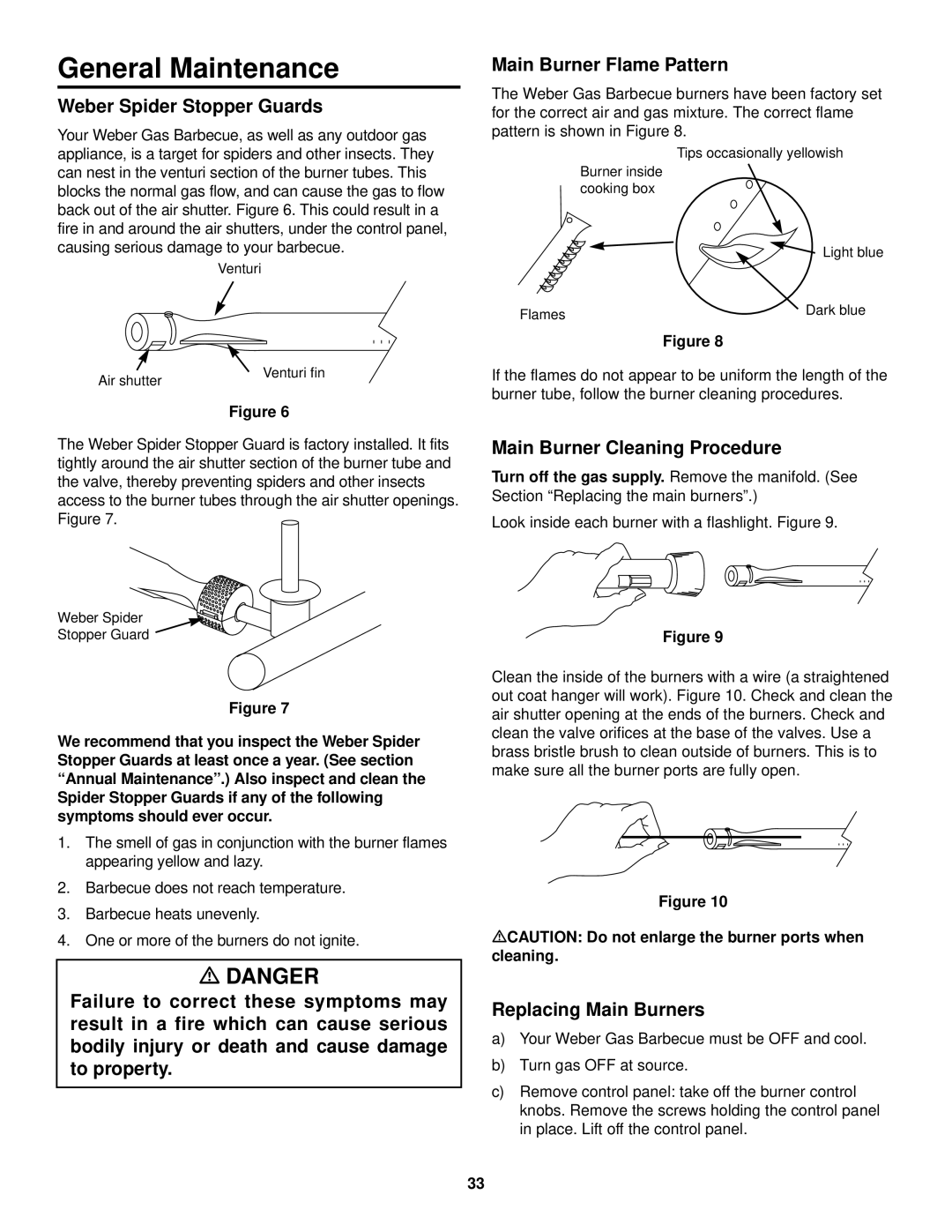 Weber 3500 LX General Maintenance, Weber Spider Stopper Guards, Main Burner Flame Pattern, Replacing Main Burners 