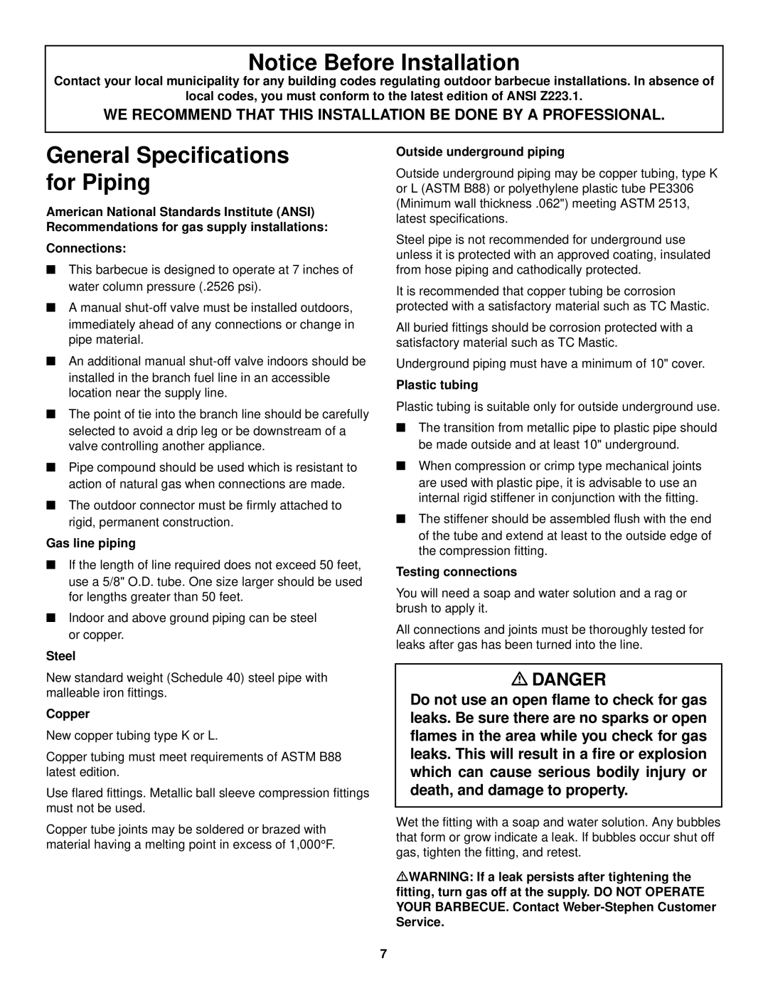 Weber 3500 LX owner manual General Specifications for Piping 