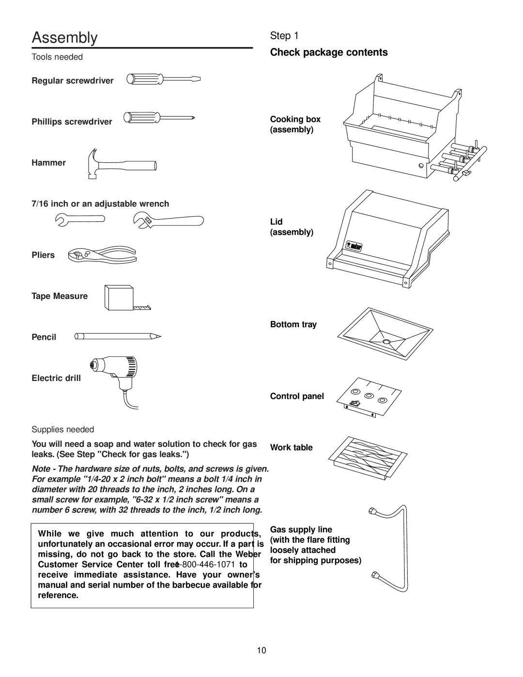 Weber 3500 owner manual Assembly, Step, Check package contents 