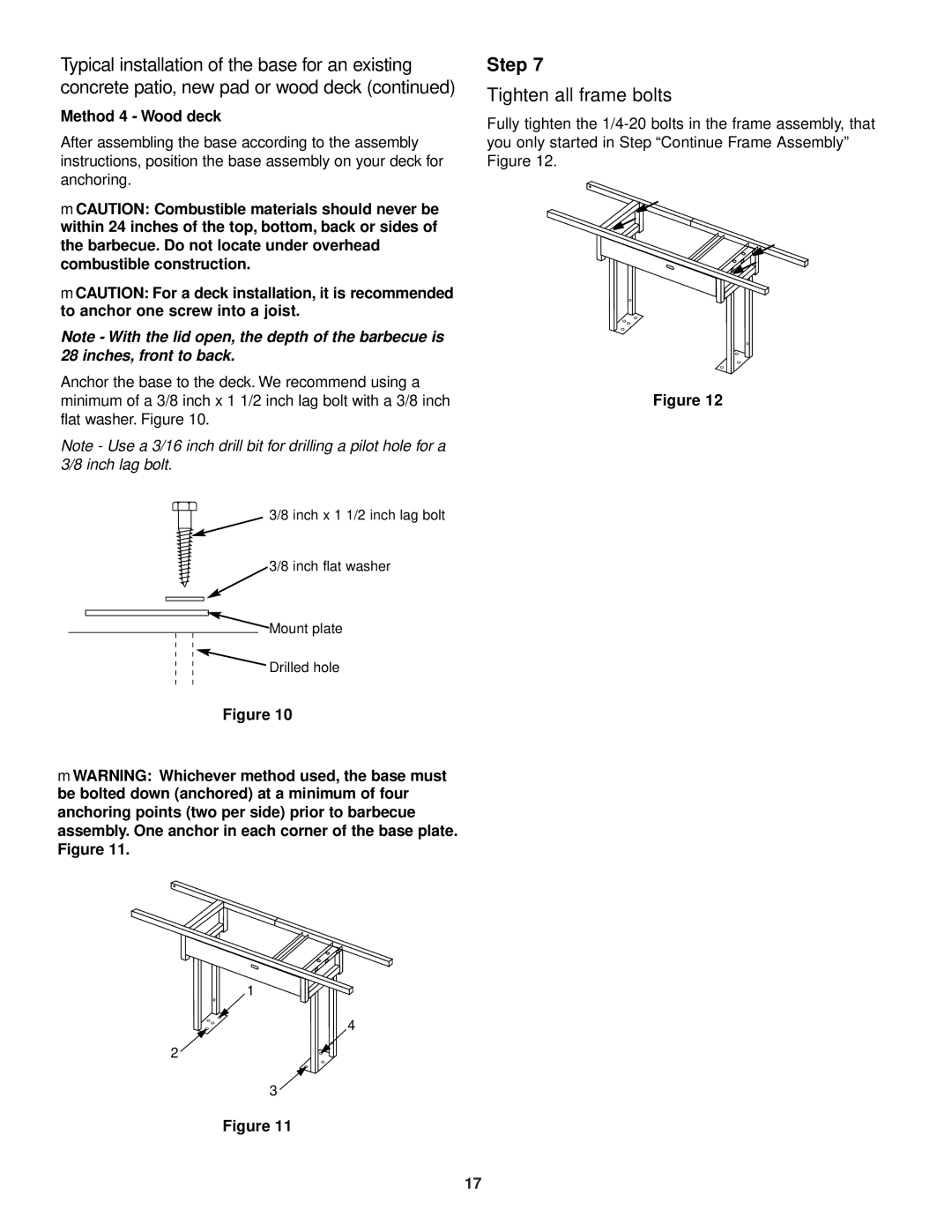 Weber 3500 owner manual Tighten all frame bolts, Method 4 Wood deck 