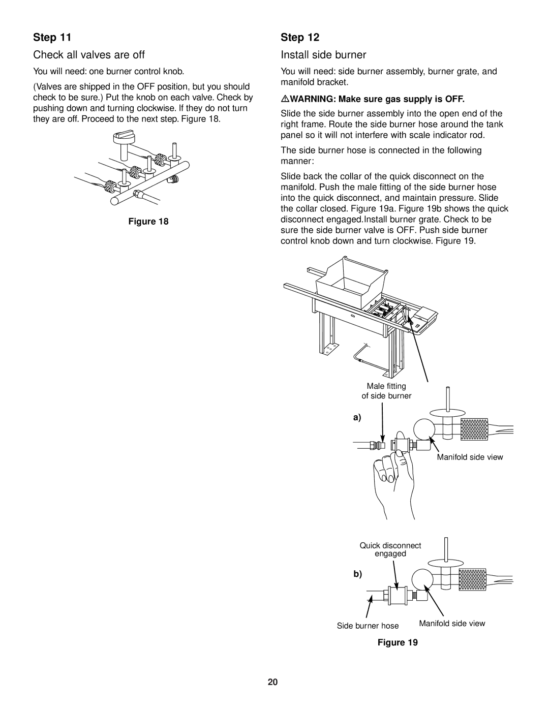 Weber 3500 owner manual Check all valves are off, Install side burner, MWARNING Make sure gas supply is OFF 