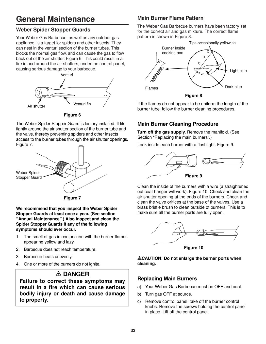 Weber 3500 owner manual General Maintenance, Weber Spider Stopper Guards, Main Burner Flame Pattern, Replacing Main Burners 