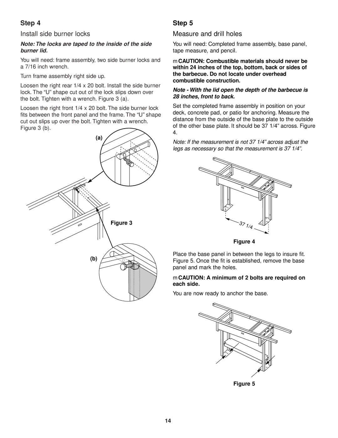 Weber 3500 Install side burner locks, Measure and drill holes, MCAUTION a minimum of 2 bolts are required on each side 