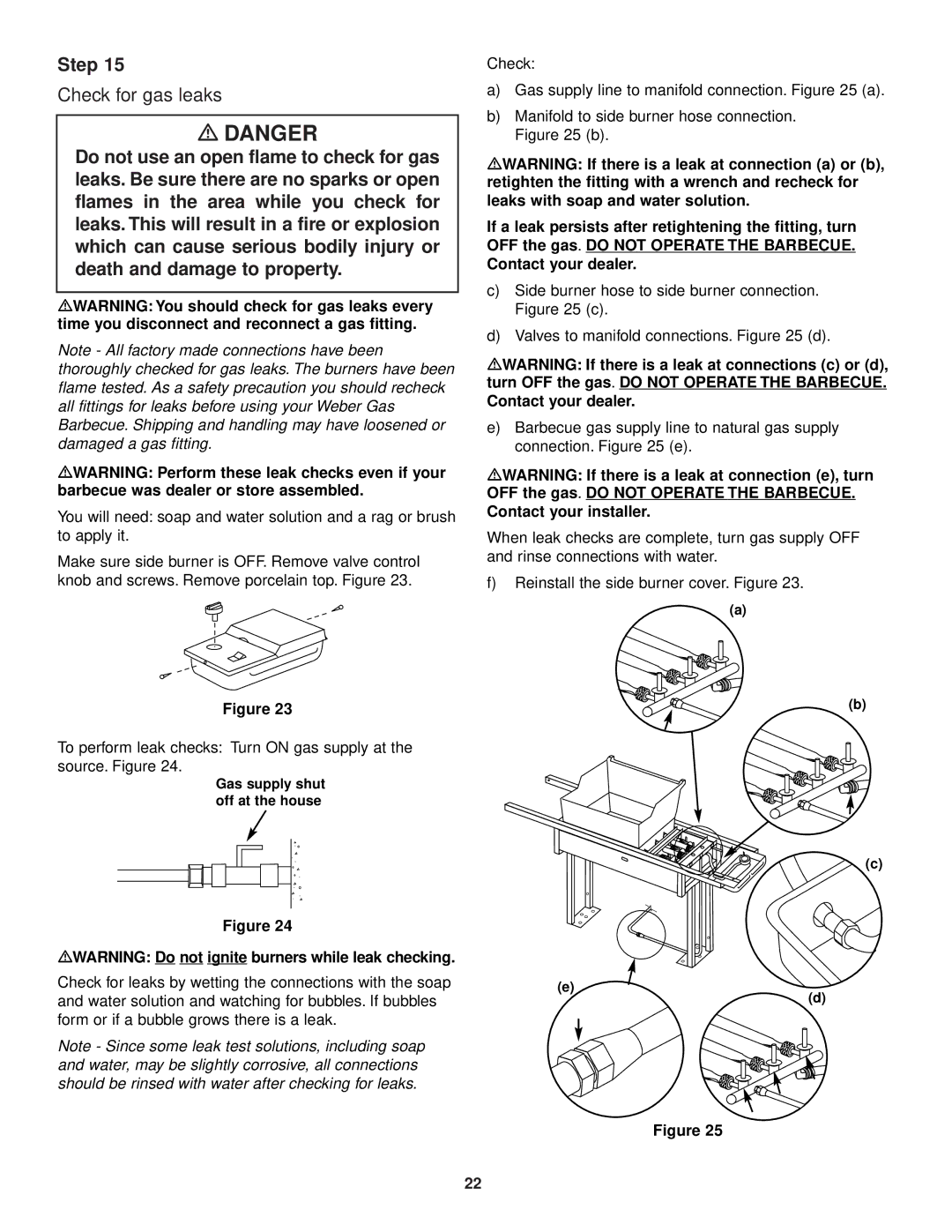 Weber 3500 owner manual Check for gas leaks, MWARNING Do not ignite burners while leak checking 