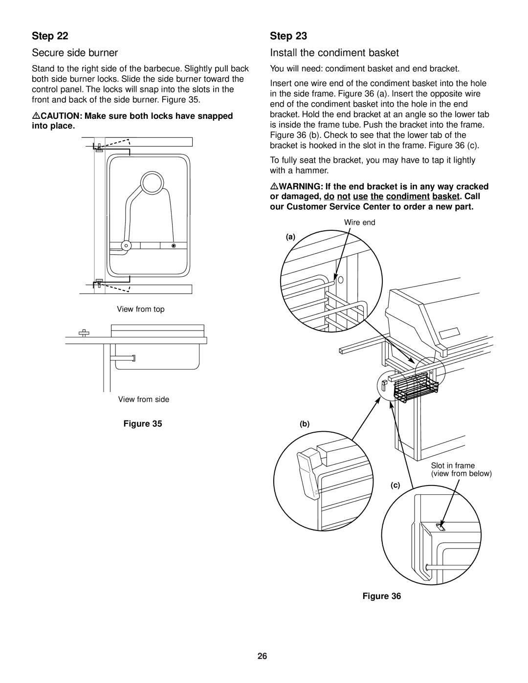 Weber 3500 Secure side burner, Install the condiment basket, MCAUTION Make sure both locks have snapped into place 