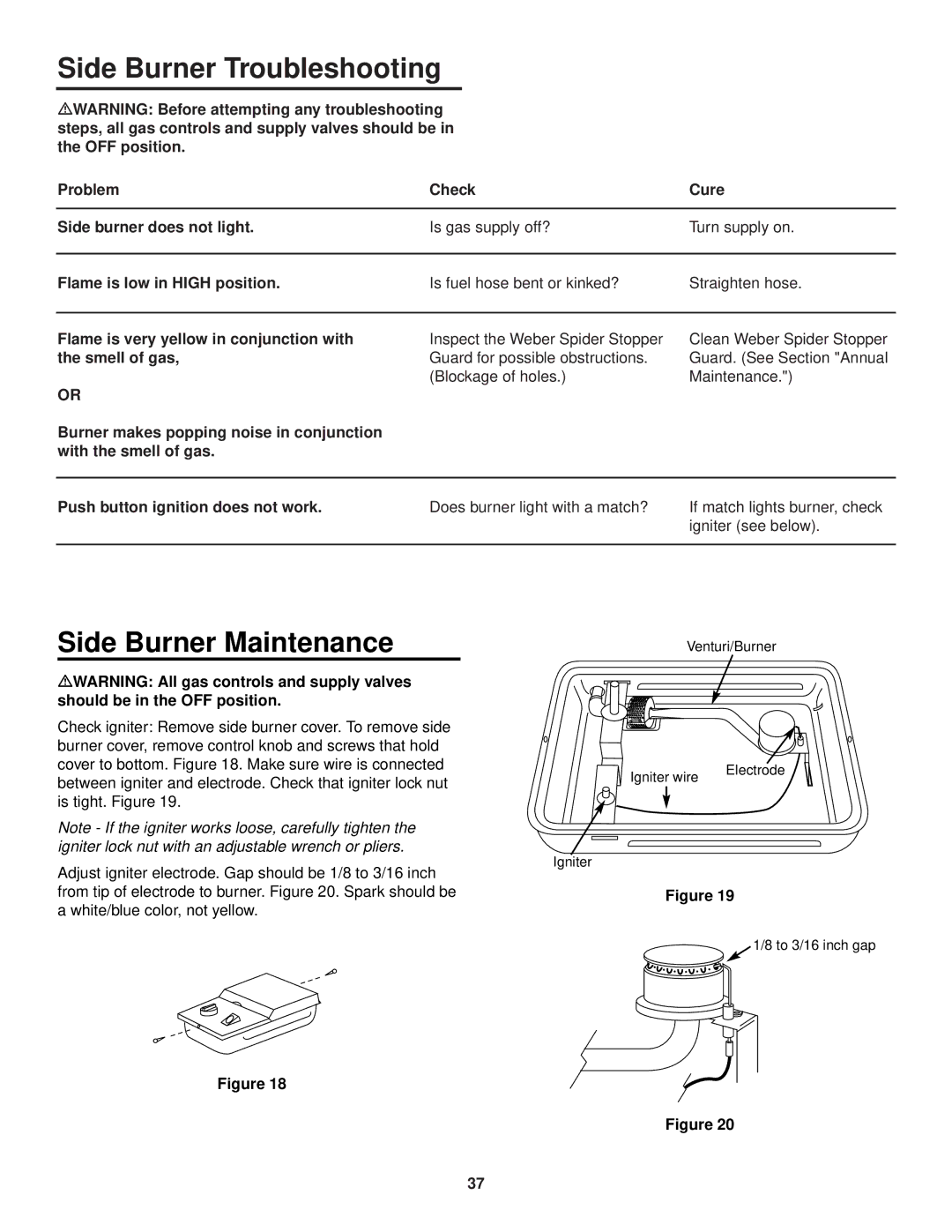 Weber 3500 owner manual Side Burner Troubleshooting, Side Burner Maintenance 