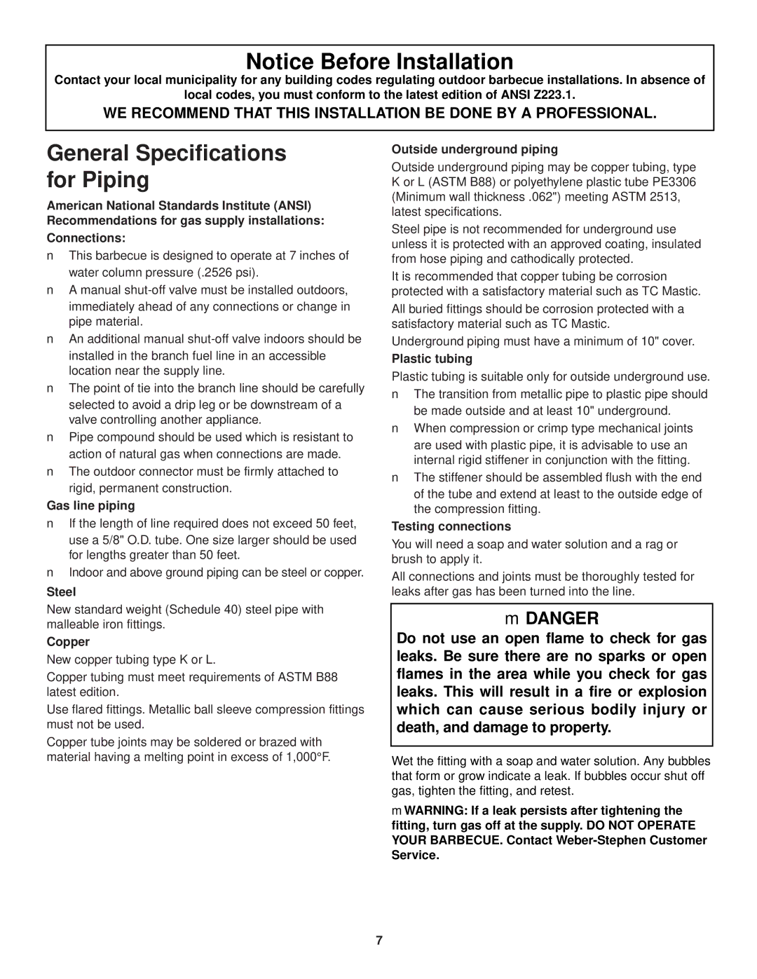 Weber 3500 owner manual General Specifications for Piping 