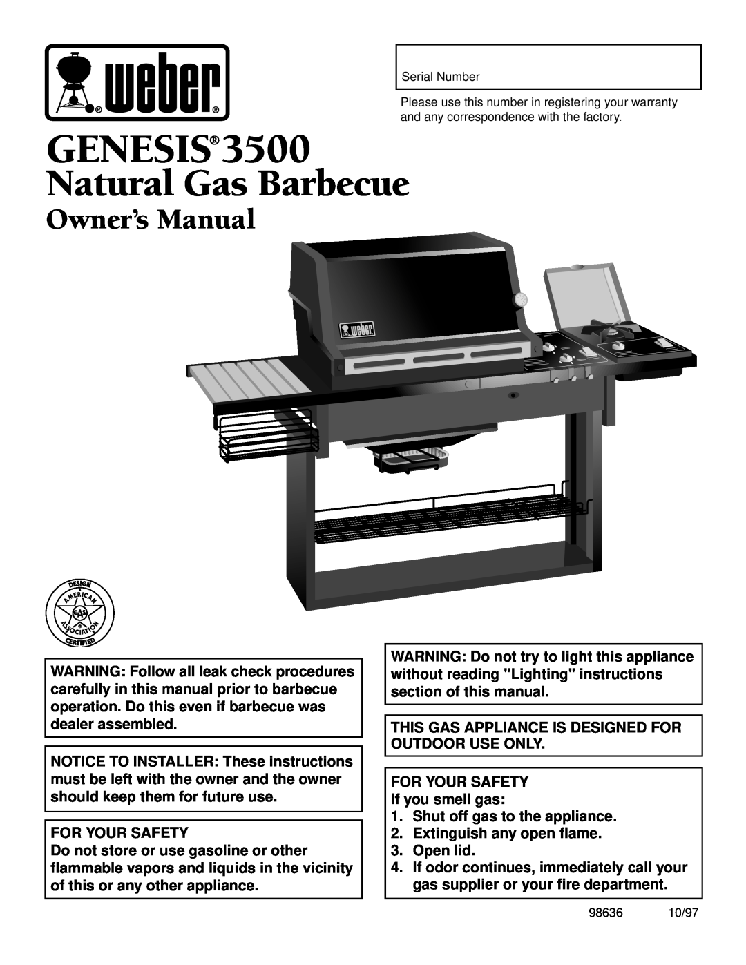 Weber 3500 owner manual Genesis, Natural Gas Barbecue, For Your Safety, FOR YOUR SAFETY If you smell gas 