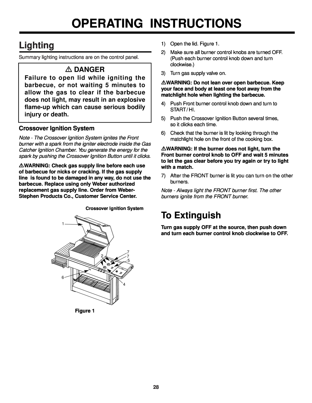 Weber 3500 owner manual Operating Instructions, Lighting, To Extinguish, mDANGER, Crossover Ignition System 