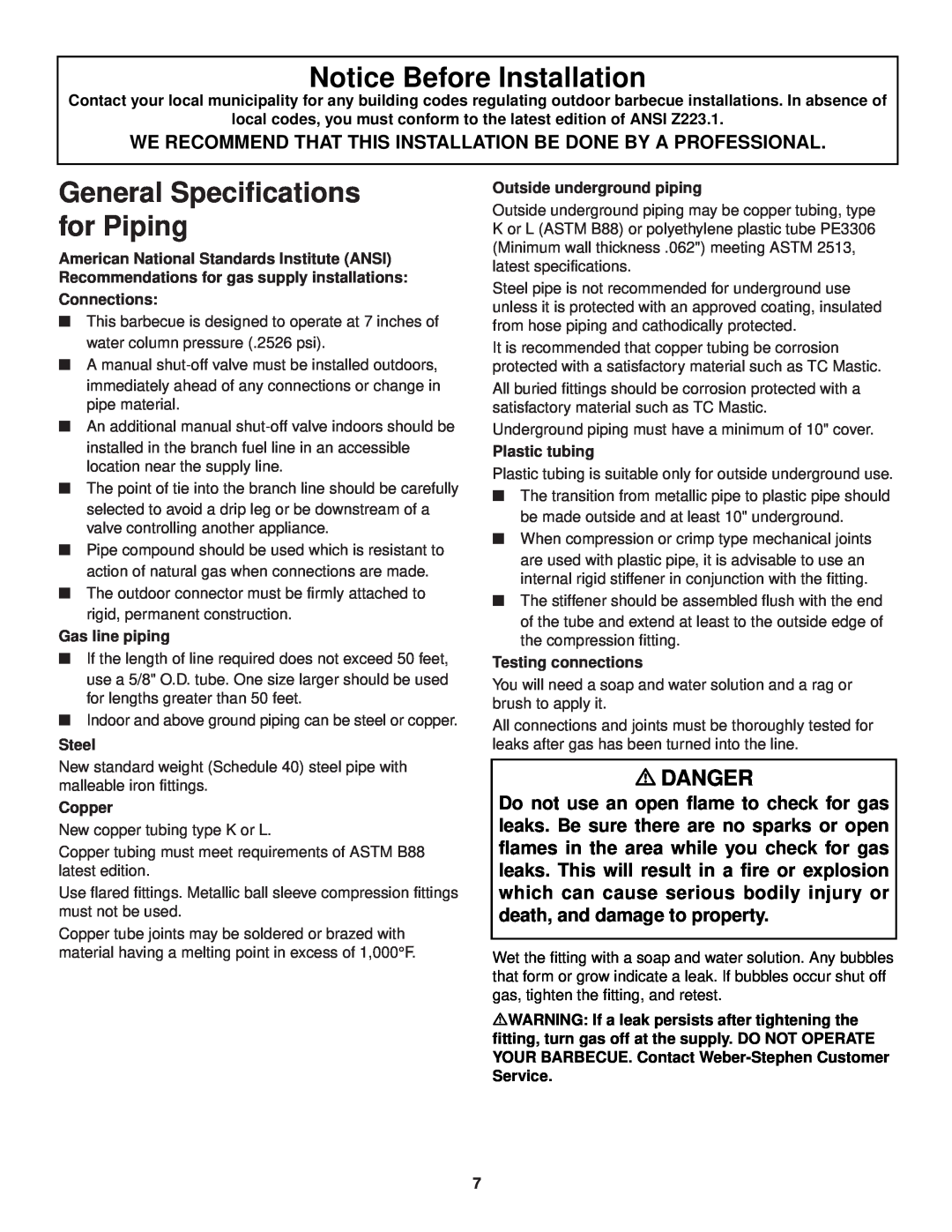 Weber 3500 owner manual Notice Before Installation, General Specifications for Piping, mDANGER 