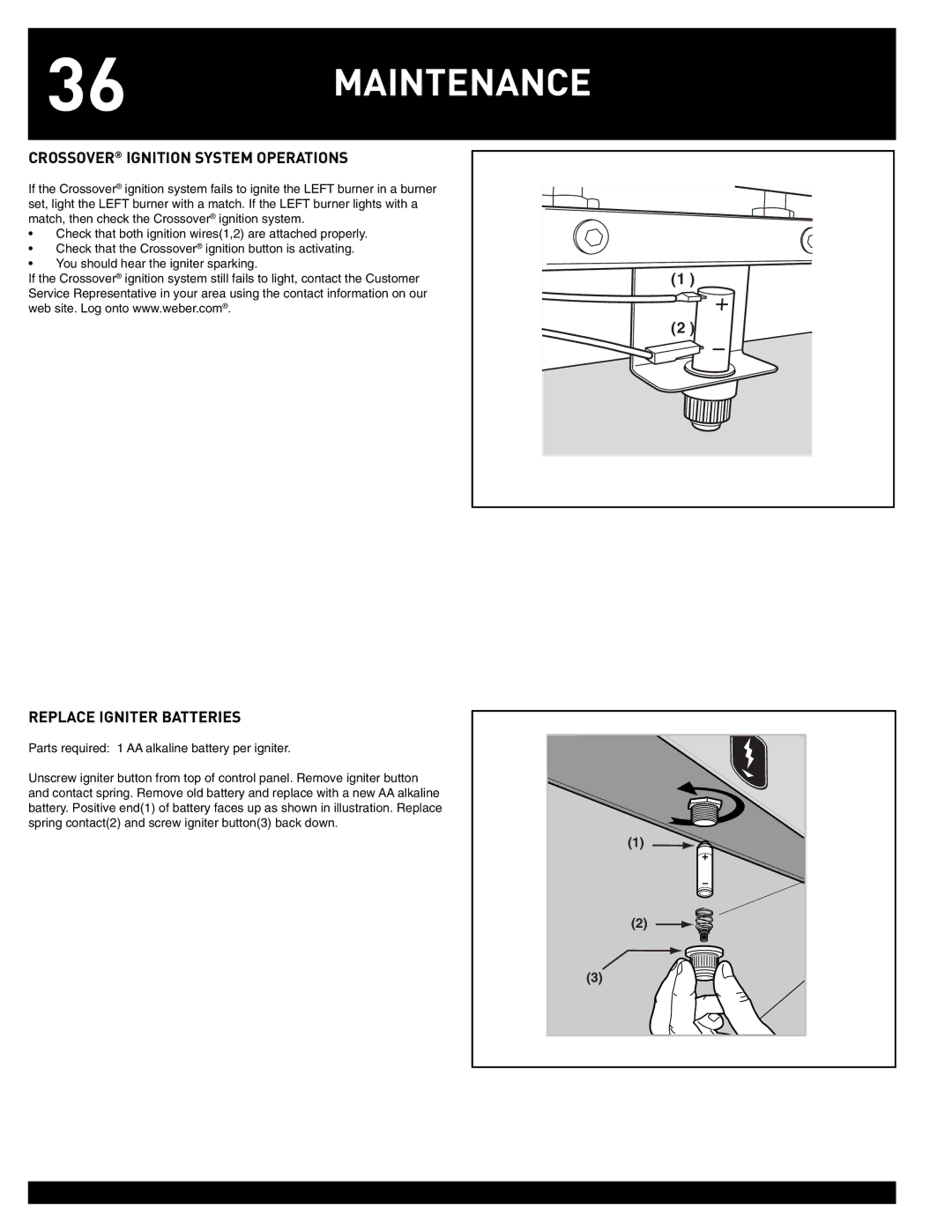 Weber 38008 manual Crossover Ignition System Operations, Replace Igniter Batteries 