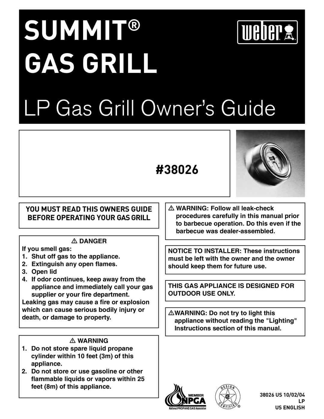 Weber 38026 manual Summit GAS Grill, LP US English 