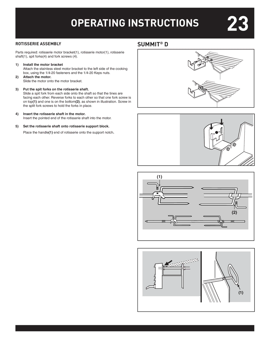 Weber 38026 Rotisserie Assembly, Install the motor bracket, Attach the motor, Put the spit forks on the rotisserie shaft 
