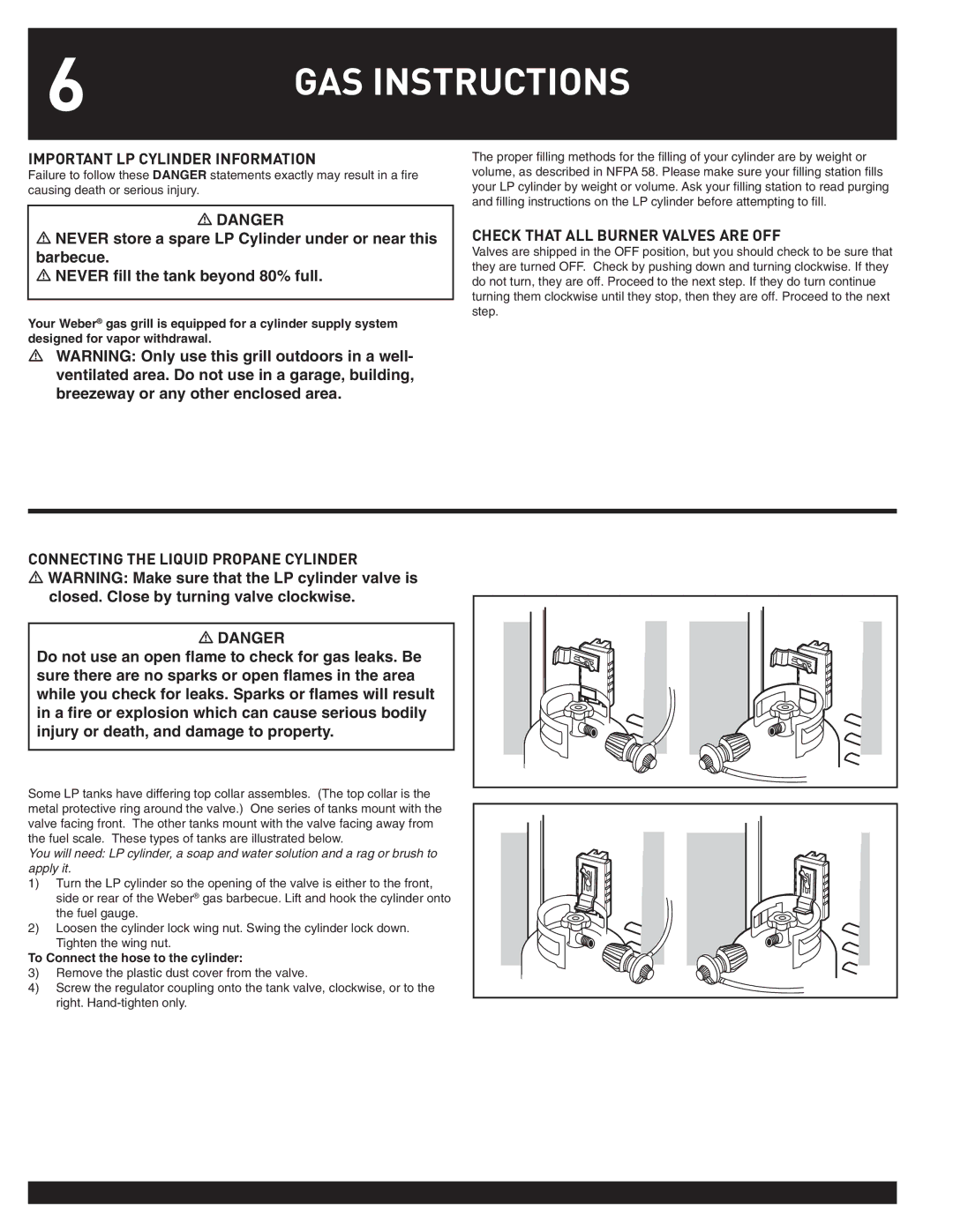 Weber 38026 Important LP Cylinder Information, Check That ALL Burner Valves are OFF, To Connect the hose to the cylinder 