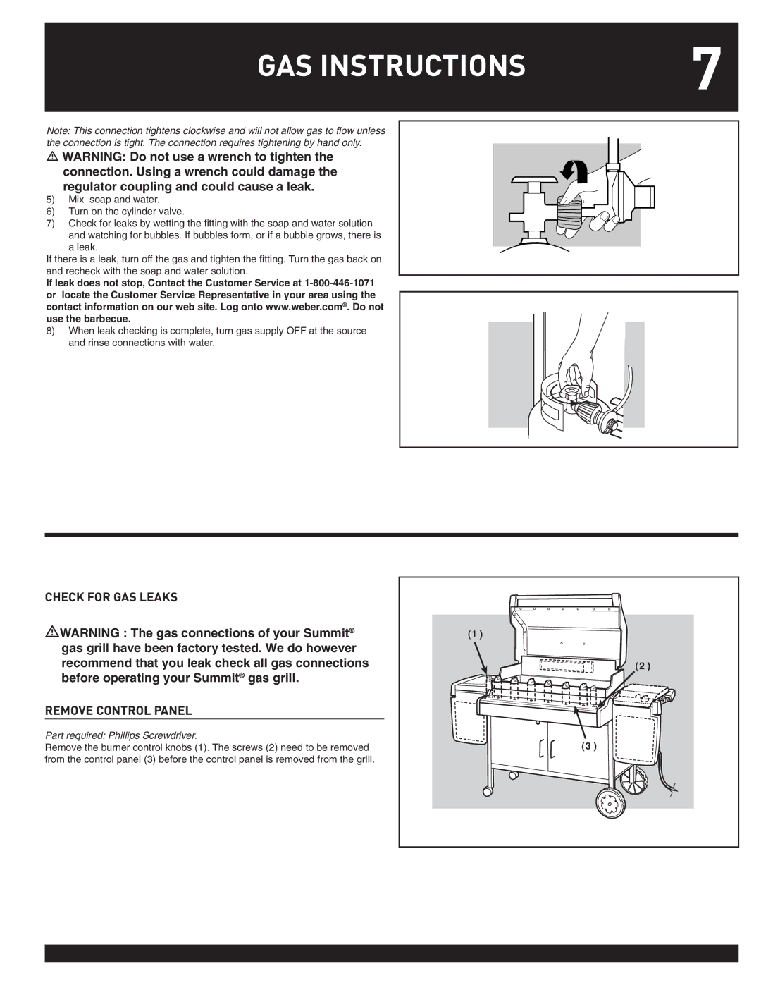 Weber 38026 manual GAS Instructions, Check for GAS Leaks Remove Control Panel 