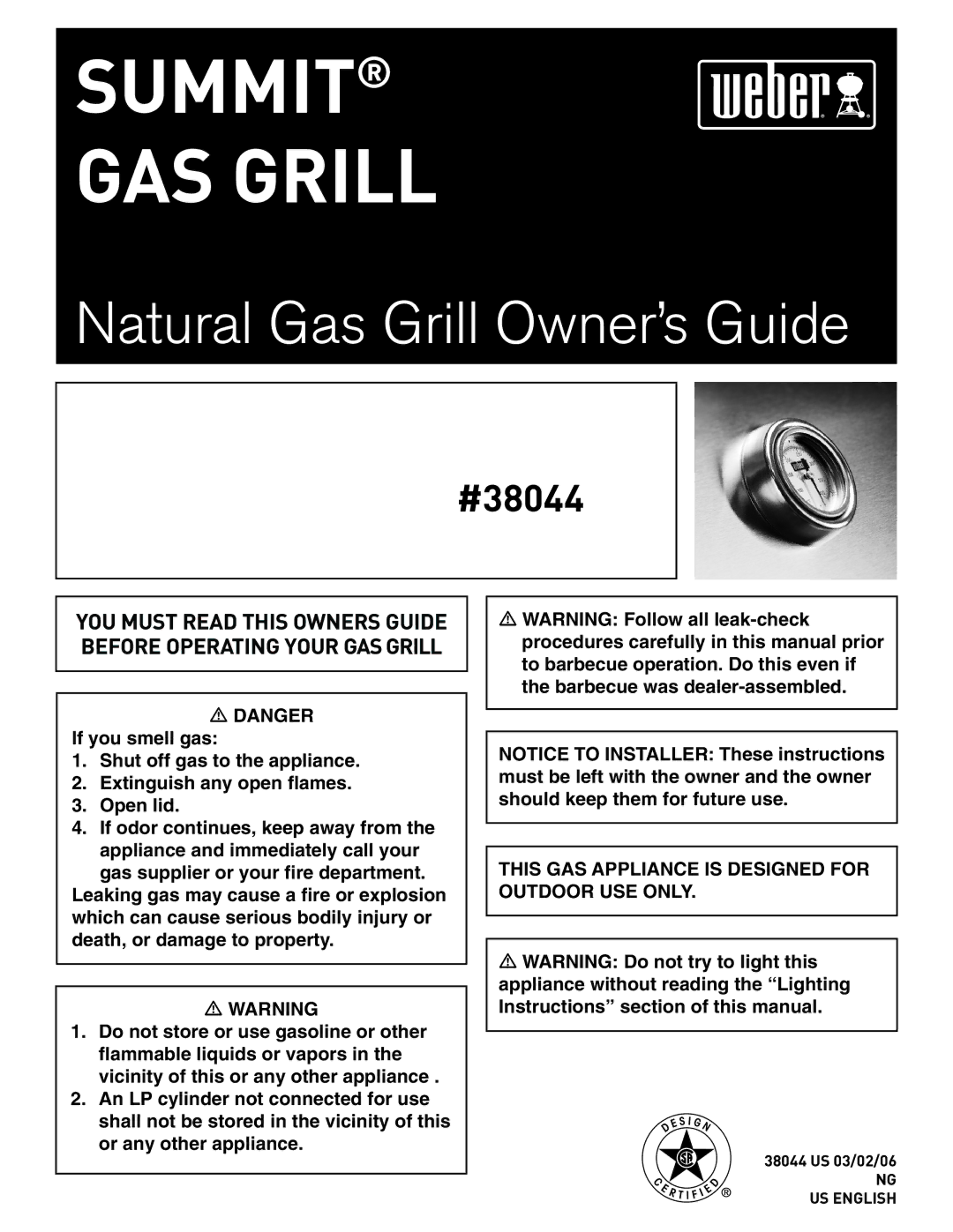 Weber 38044 manual Summit GAS Grill, NG US English 