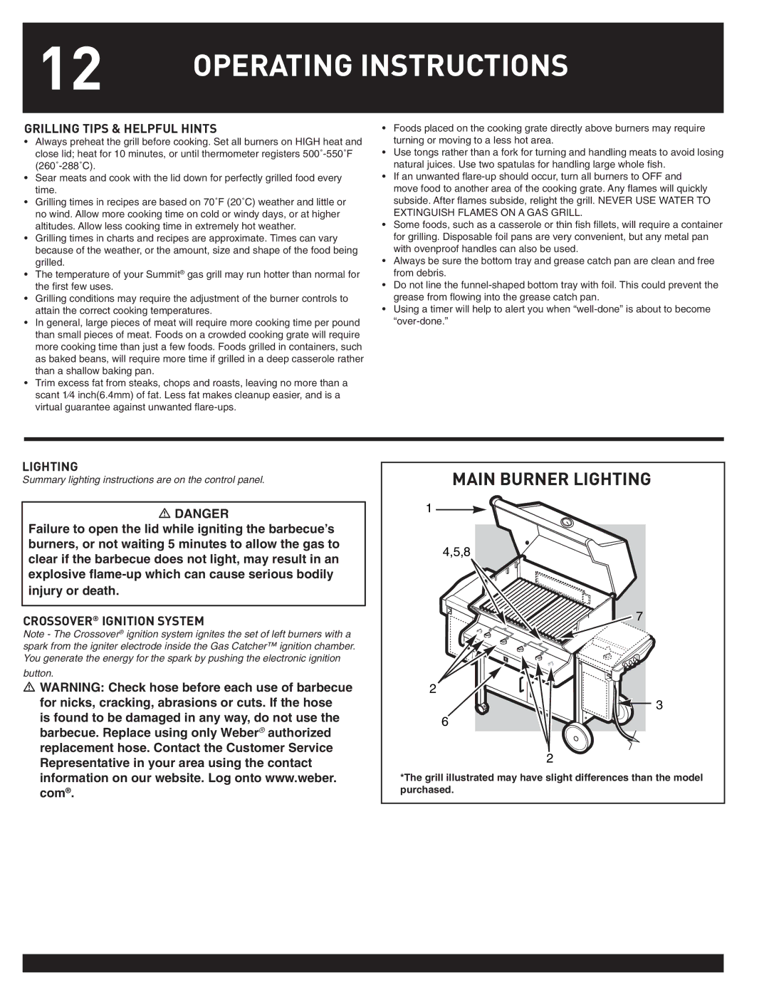 Weber 38044 manual Grilling Tips & Helpful Hints, Lighting, Crossover Ignition System 