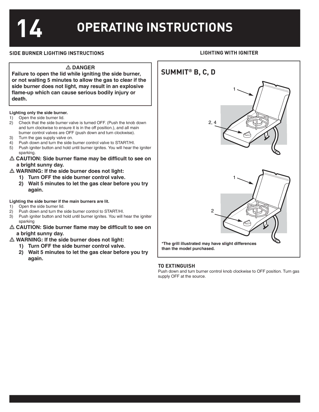 Weber 38044 manual Side Burner Lighting Instructions, Lighting with Igniter, Lighting only the side burner 