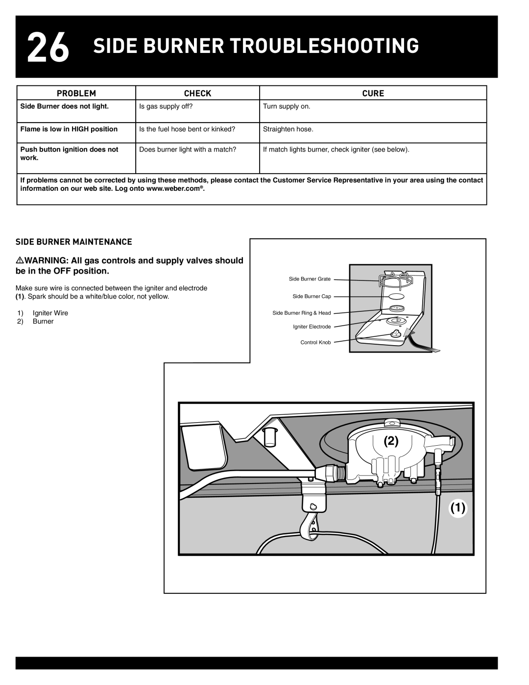 Weber 38044 manual Side Burner Troubleshooting, Side Burner Maintenance 