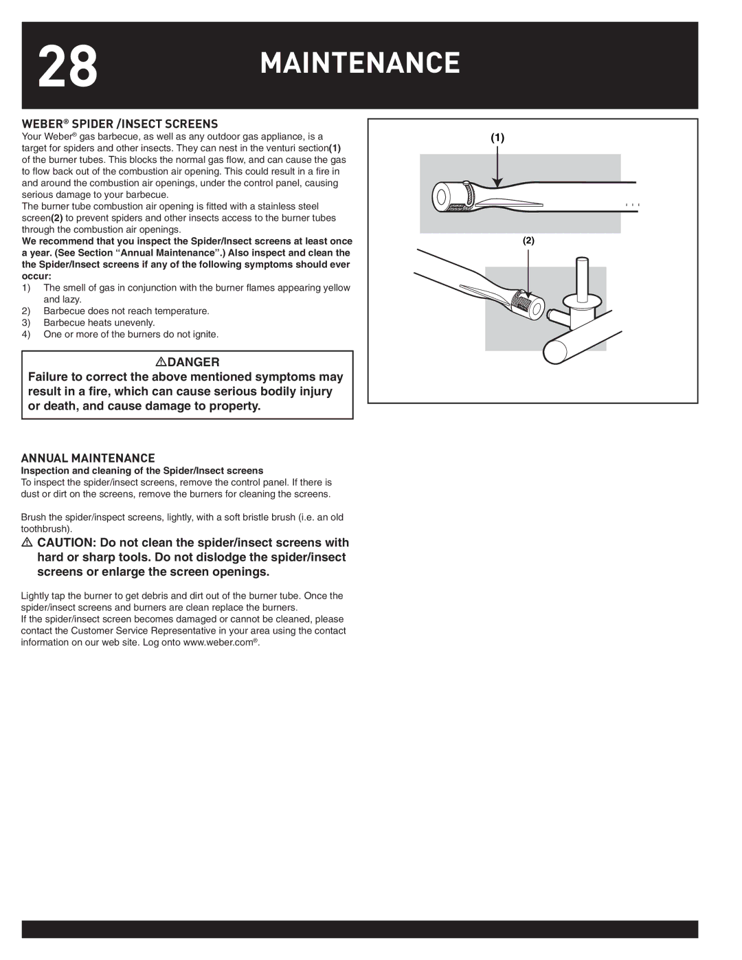 Weber 38044 manual Maintenance, Weber Spider /INSECT Screens, Inspection and cleaning of the Spider/Insect screens 