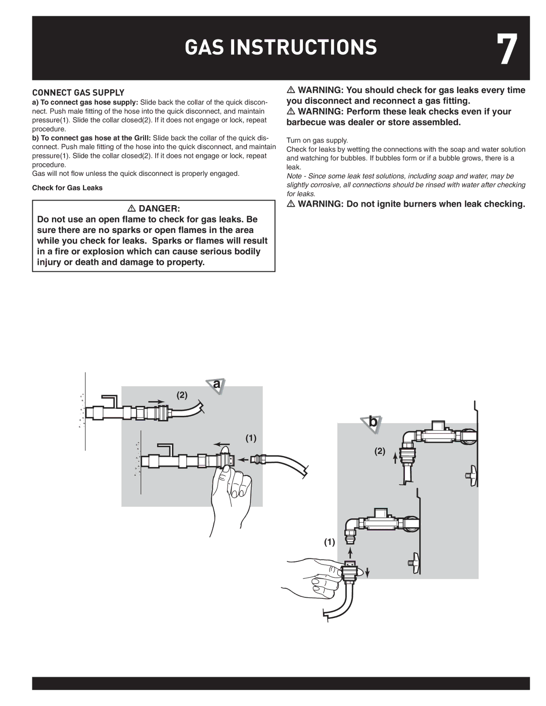 Weber 38044 manual GAS Instructions, Connect GAS Supply, Check for Gas Leaks 