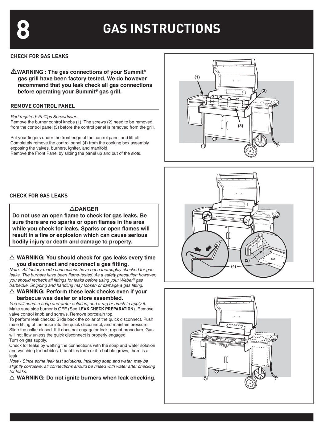 Weber 38044 manual Check for GAS Leaks Remove Control Panel 