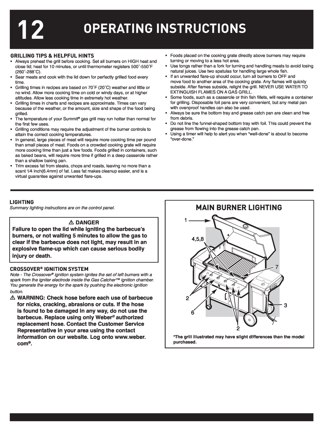 Weber 38044 manual Main Burner Lighting, Operating Instructions, Grilling Tips & Helpful Hints, Crossover Ignition System 
