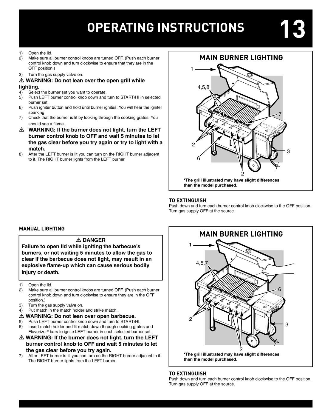 Weber 38044 manual Operating Instructions, Main Burner Lighting, 4,5,8, Manual Lighting, To Extinguish, 4,5,7 