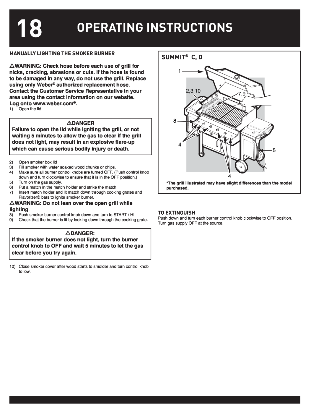 Weber 38044 manual Operating Instructions, Summit C, D, 2,3,10 