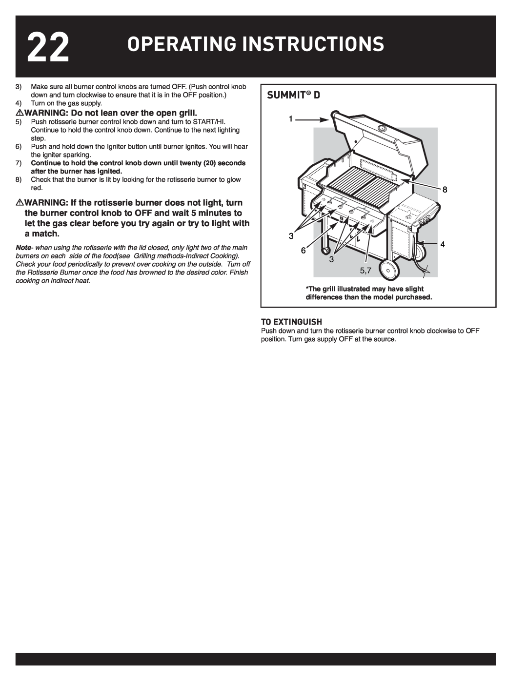 Weber 38044 manual Operating Instructions, Summit D, WARNING Do not lean over the open grill, To Extinguish 