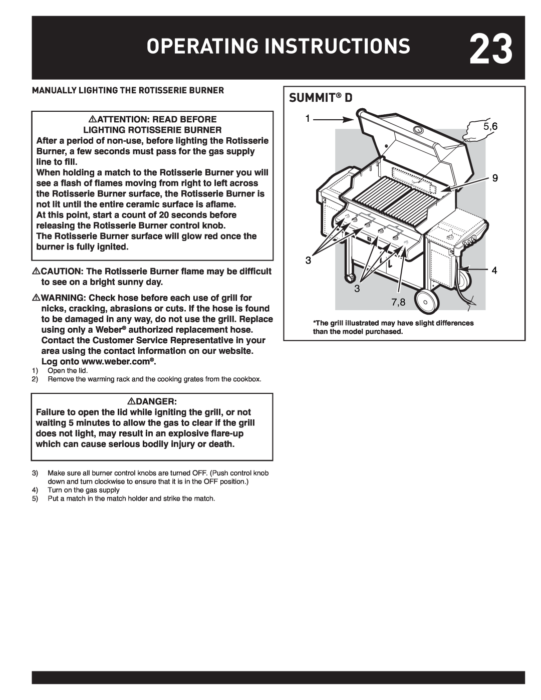 Weber 38044 manual Operating Instructions, Summit D, Manually Lighting The Rotisserie Burner 