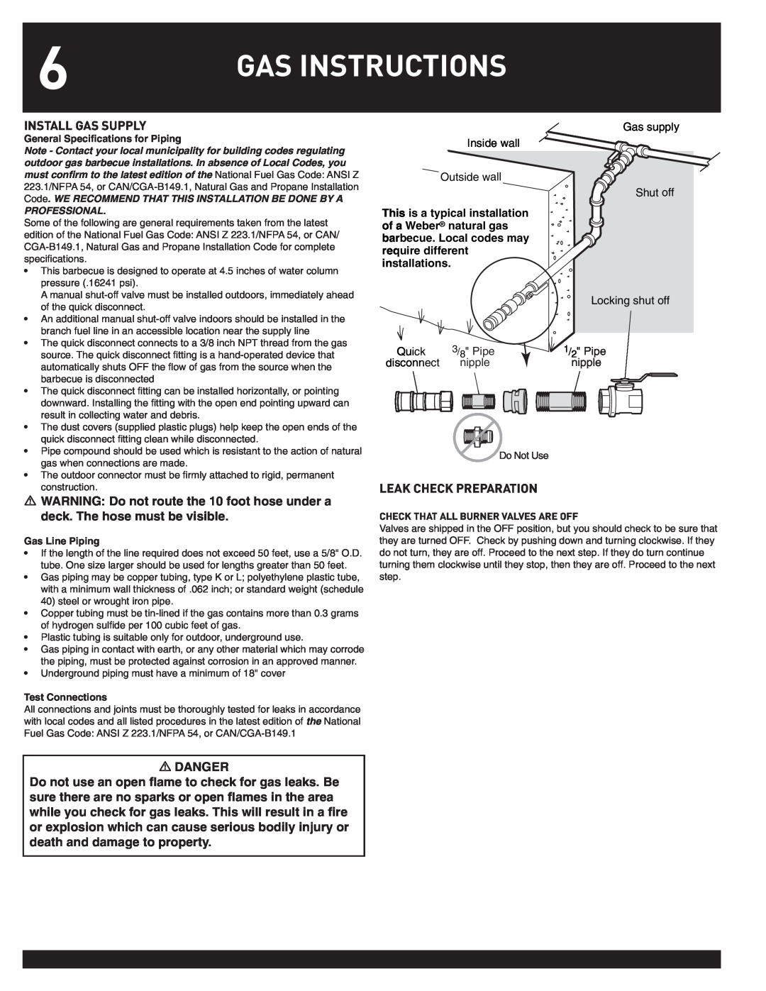 Weber 38044 manual Gas Instructions 