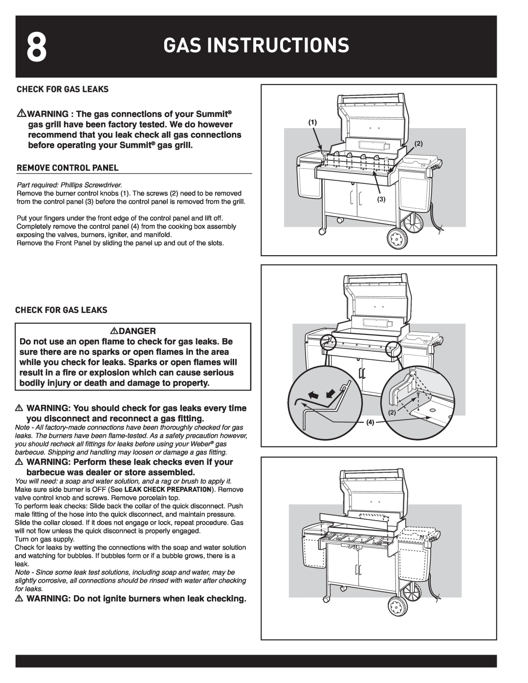 Weber 38044 manual Gas Instructions 