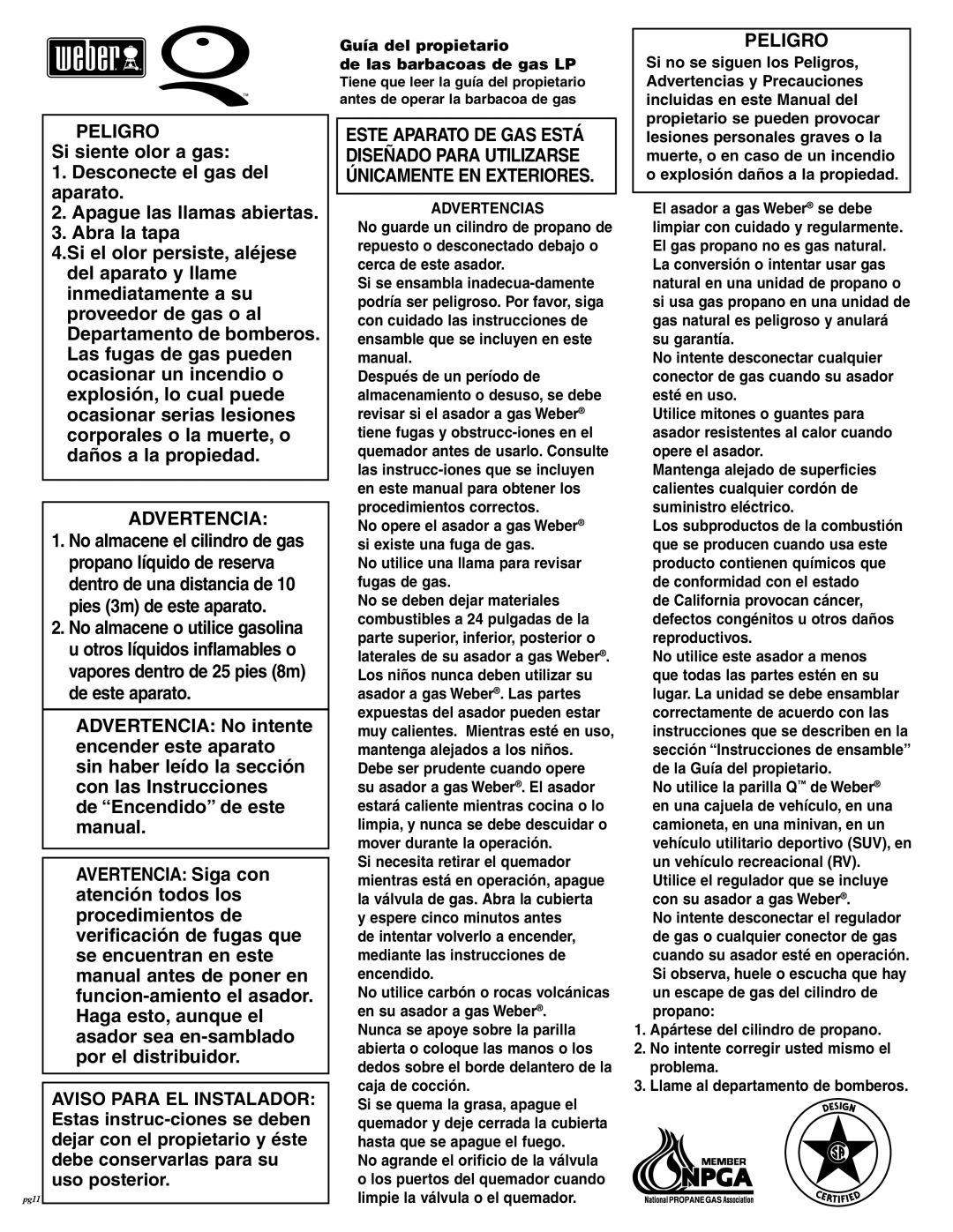 Weber 396002, 386002 Guía del propietario De las barbacoas de gas LP, No utilice una llama para revisar fugas de gas 