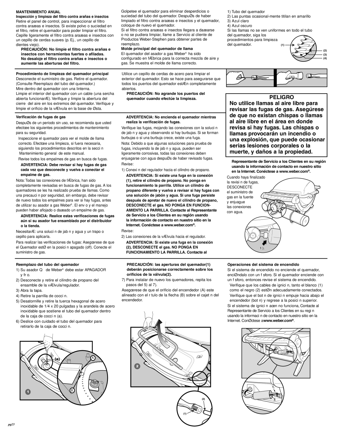 Weber 396002, 386002 owner manual Molde principal del quemador de llama, Procedimiento de limpieza del quemador principal 