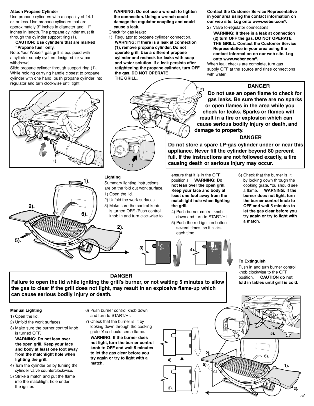 Weber 386002, 396002 Do not use an open flame to check for, Gas leaks. Be sure there are no sparks, Damage to property 