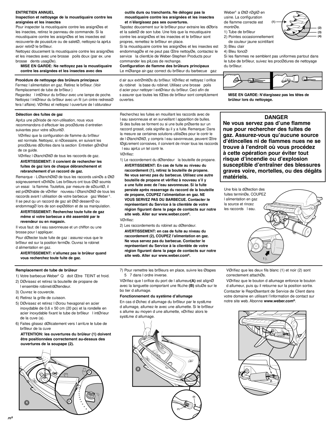 Weber 396002 Détection des fuites de gaz, Configuration de flamme des brûleurs principaux, Remplacement de tube de brûleur 