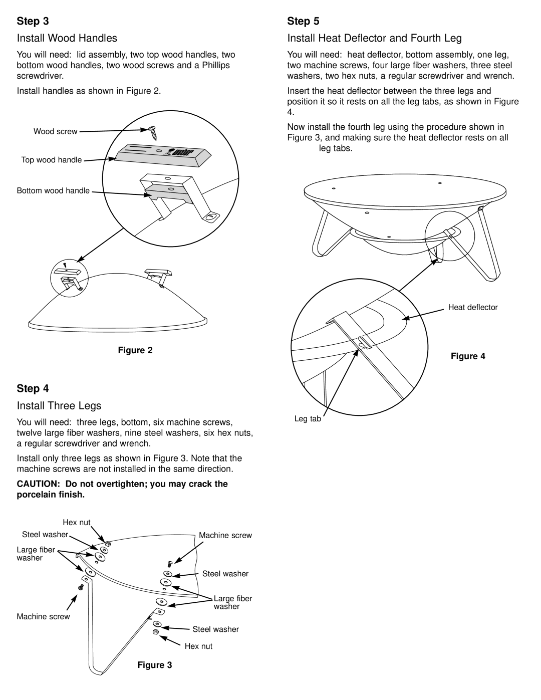 Weber FirePlace, 39935 manual Install Wood Handles, Install Three Legs, Install Heat Deflector and Fourth Leg 