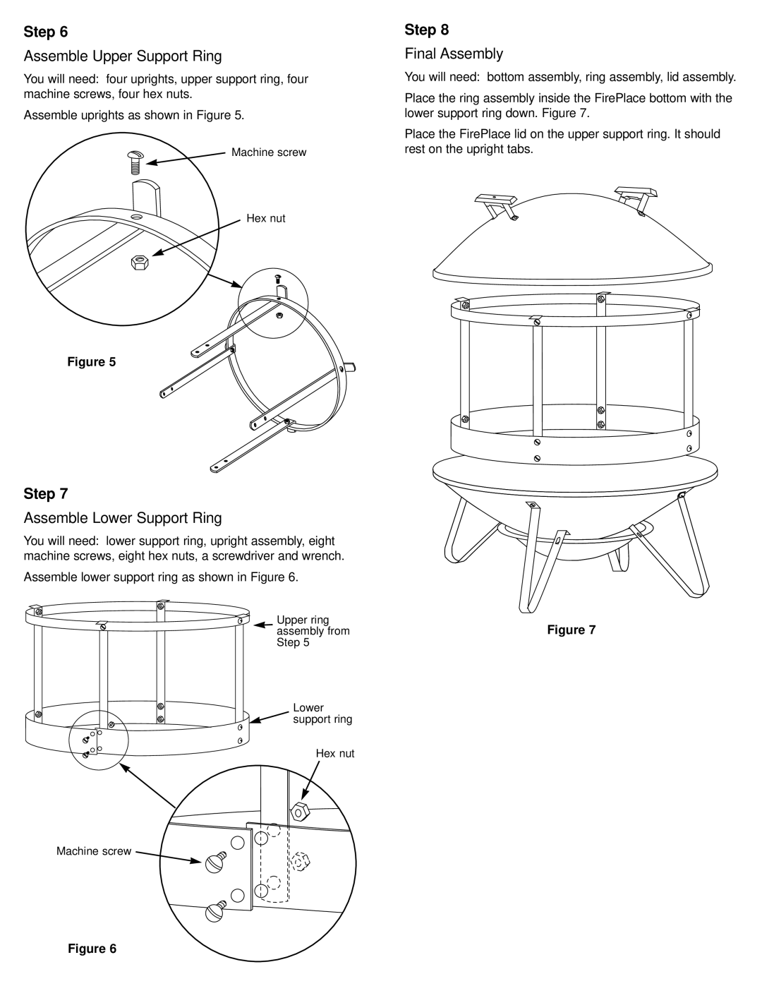 Weber 39935, FirePlace manual Assemble Upper Support Ring, Assemble Lower Support Ring, Final Assembly 