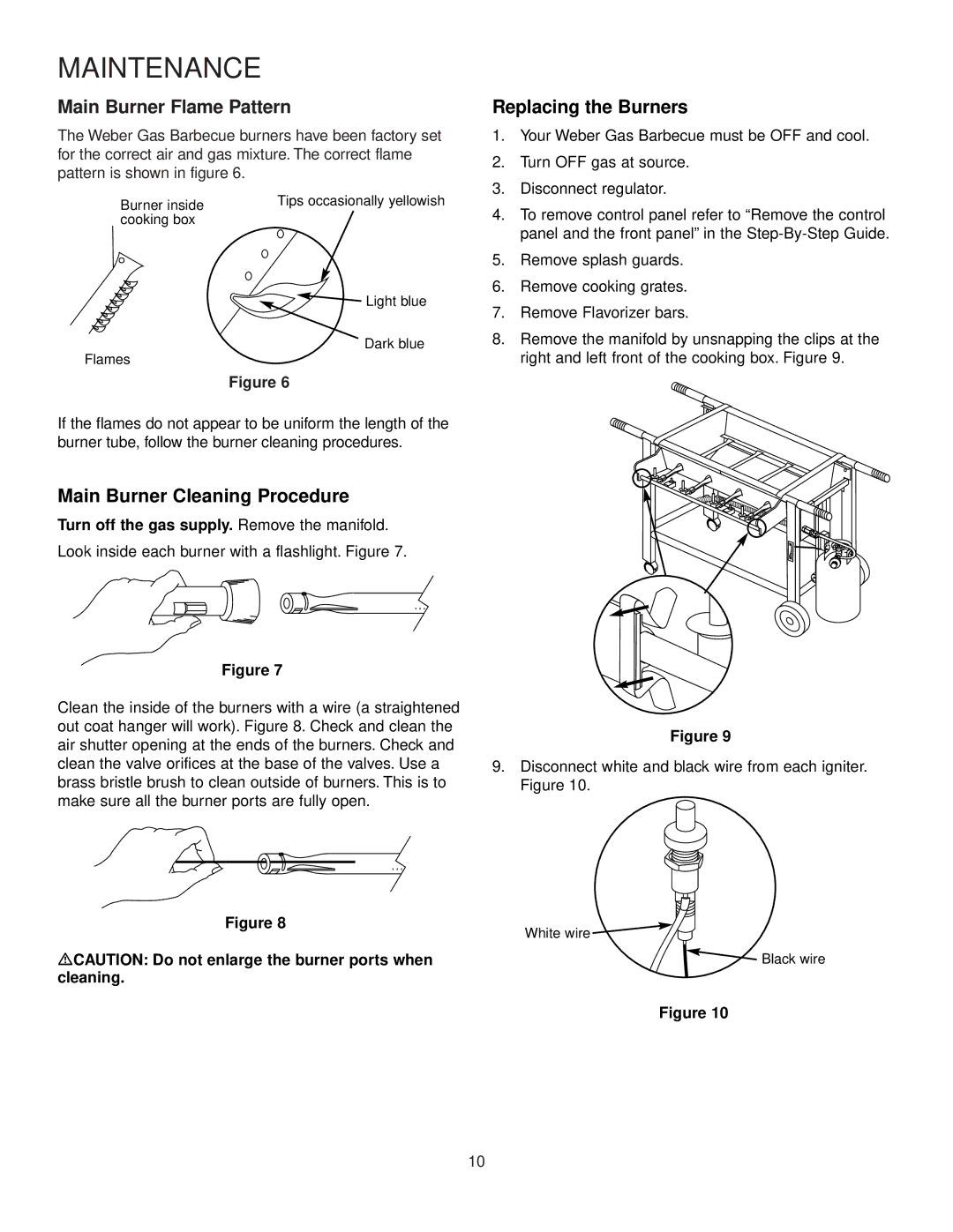 Weber 400 manual Main Burner Flame Pattern, Main Burner Cleaning Procedure, Replacing the Burners 