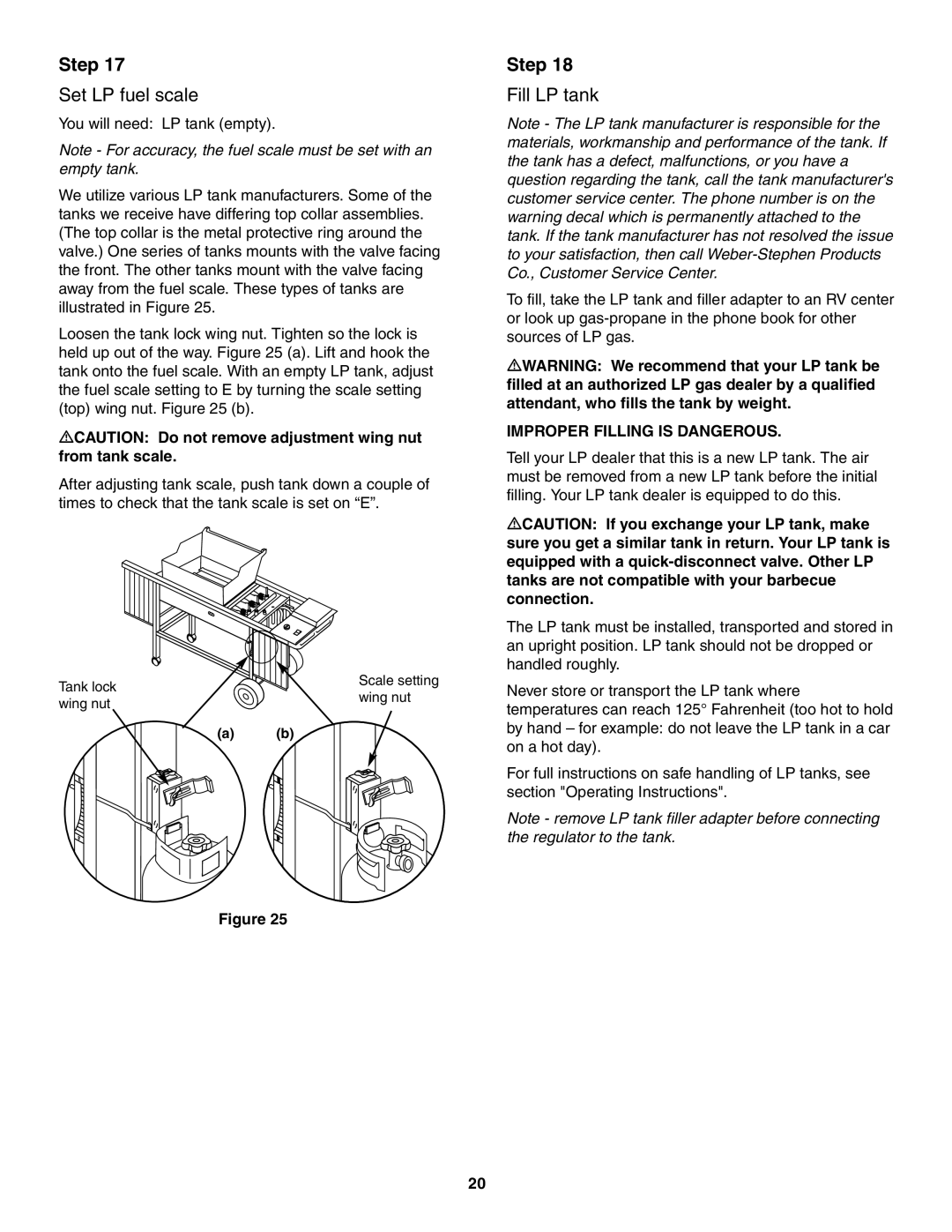 Weber 4000 owner manual Set LP fuel scale, Fill LP tank 