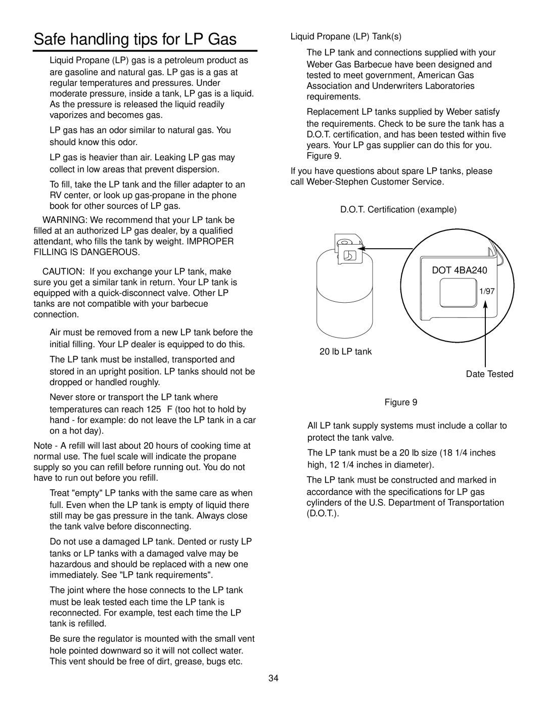 Weber 4000 owner manual Safe handling tips for LP Gas, Liquid Propane LP Tanks 