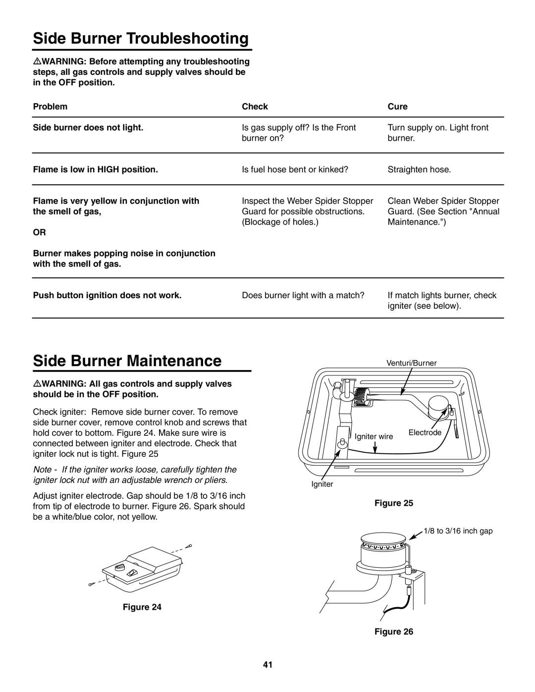 Weber 4000 owner manual Side Burner Troubleshooting, Side Burner Maintenance, Problem Check Cure Side burner does not light 